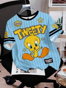 LOONEY TUNES X SHEIN 女士休闲时尚街头运动趣味可爱卡通字母数字条纹印花宽松T恤，夏季 - 白色 - 查看 3