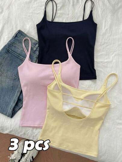 Tseoso Women's 3-Pack Ribbed Camisole Tops With Built-In Padded Bra In Pink, Cream Yellow & Light Grey – Casual Versatile Tank Tops For Summer & All-Season Wear, Cute Soft Girl & Clean Girl Y2K Retro Vintage Style, Western Festivals, Sweet Date & Afternoon Tea Outfits, Casual Home Wear, Back To School, Perfect For Spring/Summer Vacation Travel