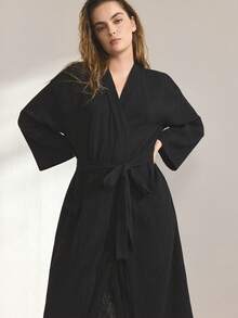 Ocili Leisure Soft Cotton Mesh Double-Layer Robe, Comfortable Sleepwear, Plus Size - Black - View 2