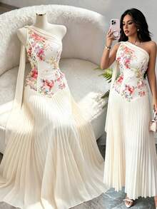 Modelyn Elegant Off-Shoulder Tie Waist Dress,3D Floral Mesh Fabric Asymmetric Ruffle HemDress,Beige,Garden Party Vacation Dinner Date Graduation Summer - Apricot - View 4