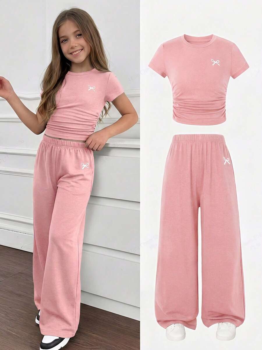 Emery Rose Kids Kids Tween Girl Bow Print Short Sleeve T-Shirt And Pants Casual Set School Pink Summer - Pink - View 1