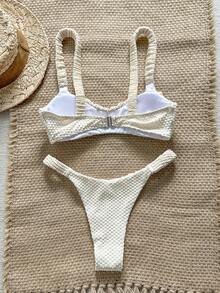 Swim Mod Conjunto de Bikini Sexy de Mujer con Tela Jacquard, Tirantes Gruesos, Fruncido y Corte Alto para Primavera/Verano - Multicolor - Ver 2