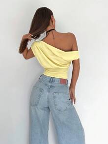 Siren Gaze Women's Casual Elegant Asymmetric Neck Ruched Cropped Top, Suitable For Summer, Suitable For Daily Wear - Yellow - View 3