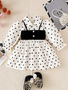 SHEIN Playful Pals 女嬰領口泡泡長袖 2合1 A字洋裝，經典 A字剪裁適合各種體型的嬰兒，獨特領口設計增添正式感，巧思泡泡袖打造甜美俏皮風格，豐富 2合1 設計，適合女嬰日常休閒舒適穿著、戶外玩耍及度假休閒穿搭 - 黑與白 - 查看 9