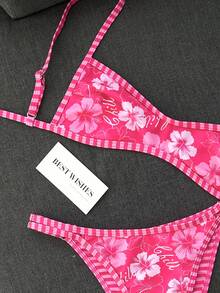 Swim Mod 女款夏季海灘極簡優雅浪漫休閒度假性感甜美可愛時尚泳衣套裝，百搭百搭粉色花卉印花、粉色條紋印花、雙面可翻轉印花，多種穿搭選擇，平口微比基尼，適合海灘、度假村、水療、蜜月及休閒度假場合 - 粉色 - 查看 5