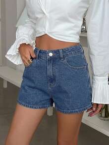 DAZY Spring/Summer Women's Casual Solid Color Washed Shorts - Medium Wash - View 5