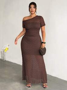 Firerie Plus Size Summer Elegant Solid Color Asymmetric Neckline Dress - Coffee Brown - View 1