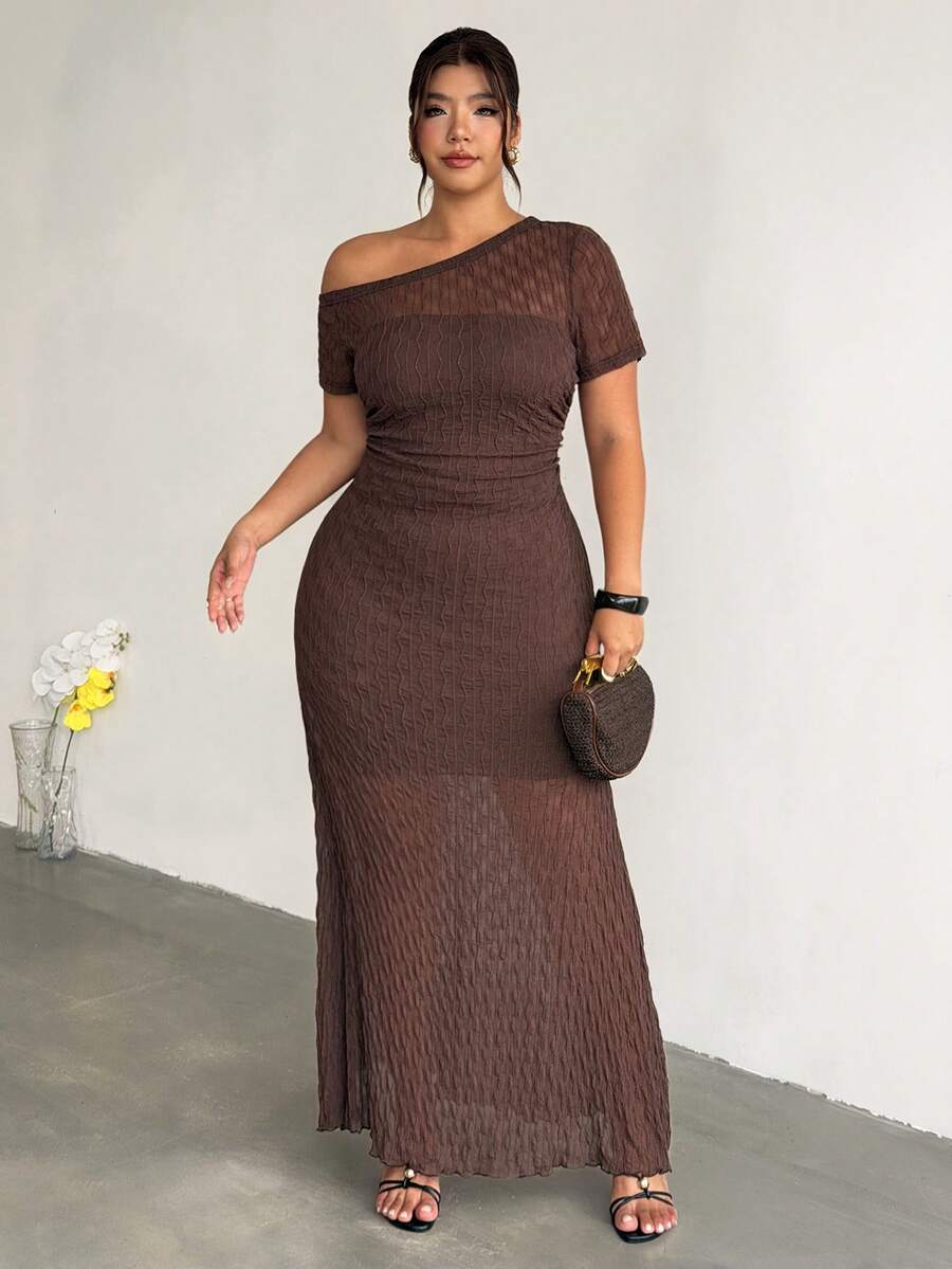 Firerie Plus Size Summer Elegant Solid Color Asymmetric Neckline Dress - Coffee Brown - View 1
