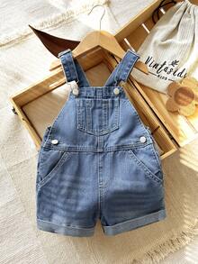 SHEIN Girls' Summer New Basic Mid-Blue Washed Cotton Denim Overall Straight Leg Shorts, Soft Cotton Fabric, Suitable For Holiday, Daily Wear, School, Commute, Party, Festival - Light Wash - View 3