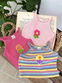 SHEIN LMoss Kids Baby Girl 3pcs Set Knit Solid Color 3D Flower Patchwork Striped Pullover - Watermelon Pink - View 3