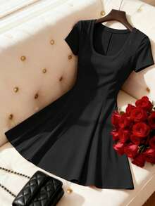 Elenzga Women's Summer Casual Solid Color Waist-Defining Dress - Black - View 5