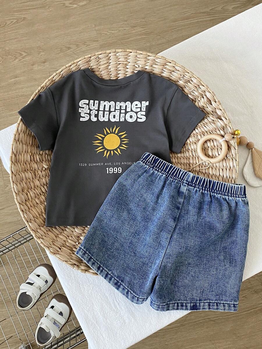SHEIN Playful Pals Baby Boy Toddler Casual Cute Dinosaur Outfit, Cartoon Print T-Shirt, Light Blue Denim Shorts, Suitable For Children's Daily Casual Wear Clothing Set, Boy Outfit, Autumn Boy Clothing, Suitable For 3-Year-Old Boy Clothing, Baby Boy Clothing, Autumn Baby Boy Clothing - Dark Grey - View 1