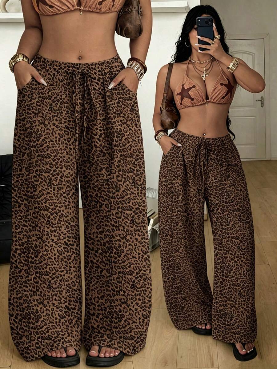 Coolane Plus Size Leopard Print Wide Leg Pants Suitable For Summer - Multicolor - View 1