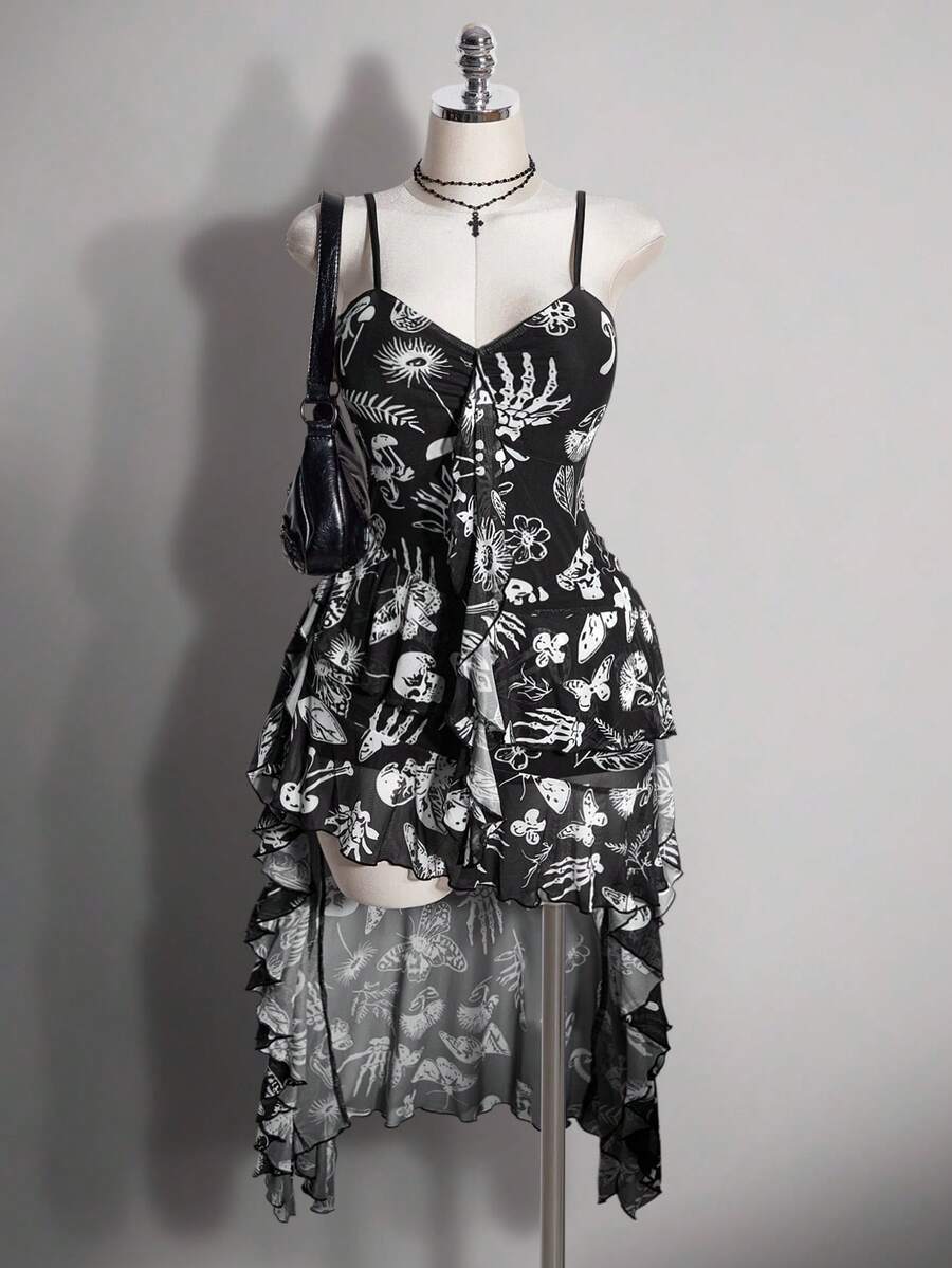SHEIN ICON 大尺碼黑色V領荷葉邊飾前短後長吊帶洋裝,Y2K性感吊帶荷葉邊洋裝 - 彩色 - 查看 1