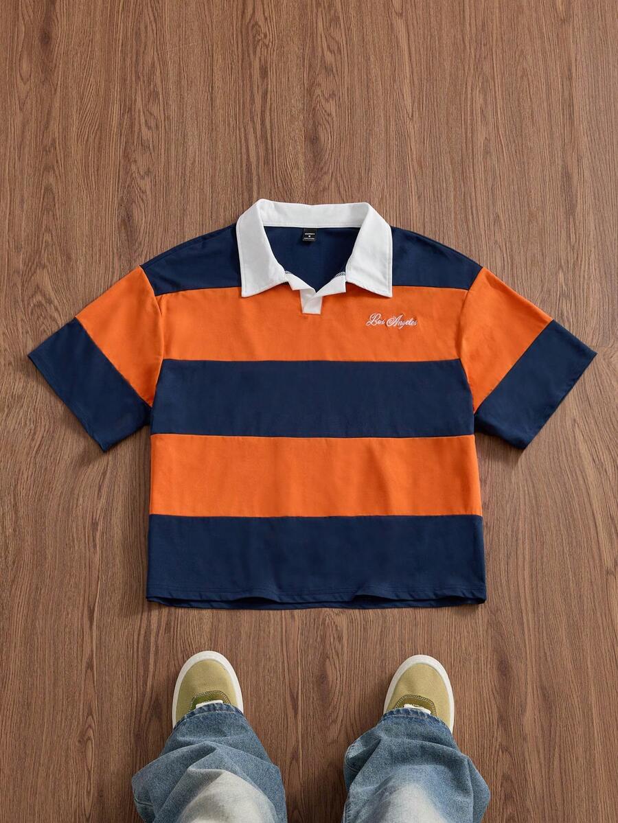SWAVVY Men's Casual Loose Fit Polo Shirt, Standard Size, Orange & Blue Color Block With Embroidery, Summer - Orange - View 1