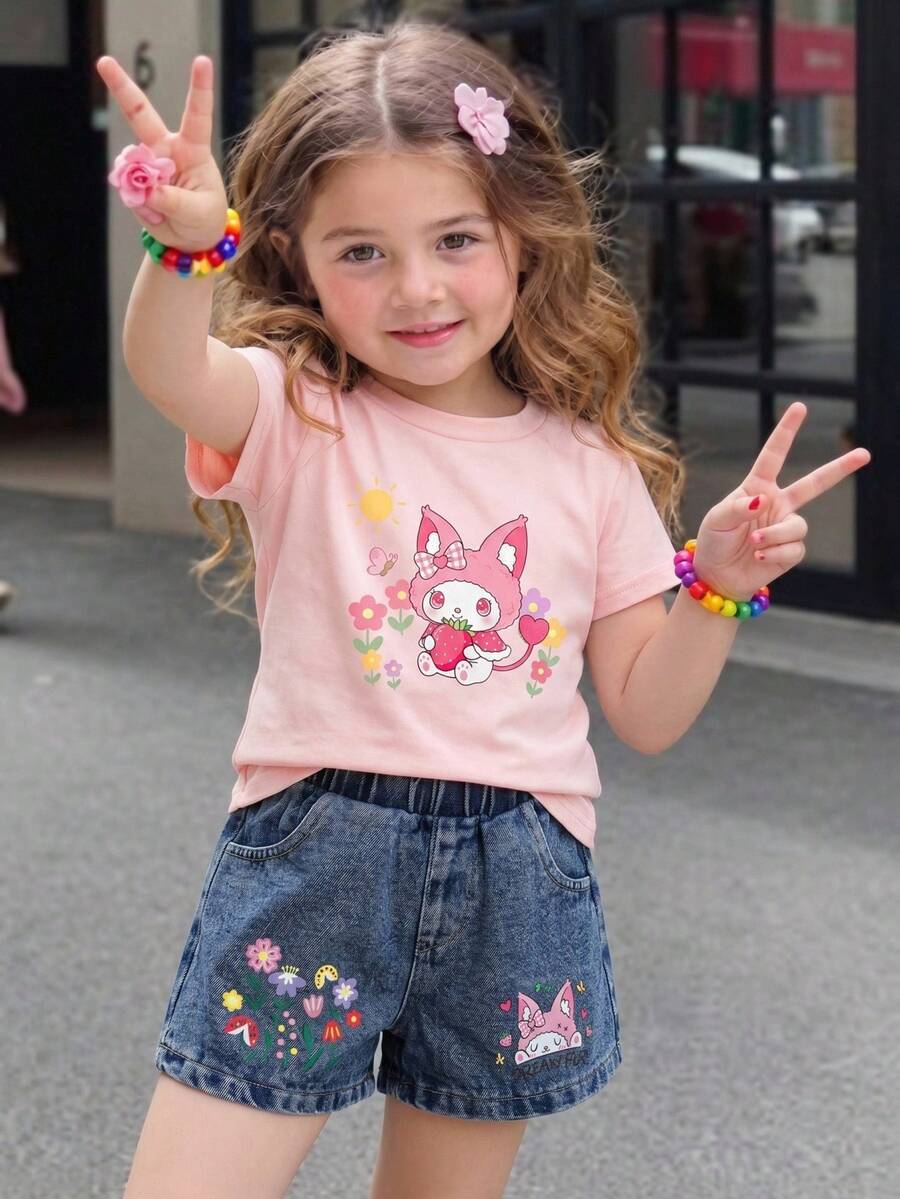 Conjunto de camiseta de manga corta con cuello redondo y estampado de mariposas + pantalones cortos vaqueros con cintura elástica y estampado de mariposas, estilo casual y dulce para uso diario de niñas