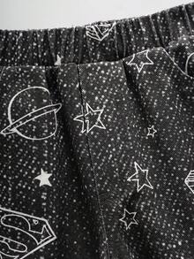 SUPERMAN X SHEIN Young Boy Geometric Pattern Patch Pocket Wide Leg Casual Denim Jeans - Black - View 4