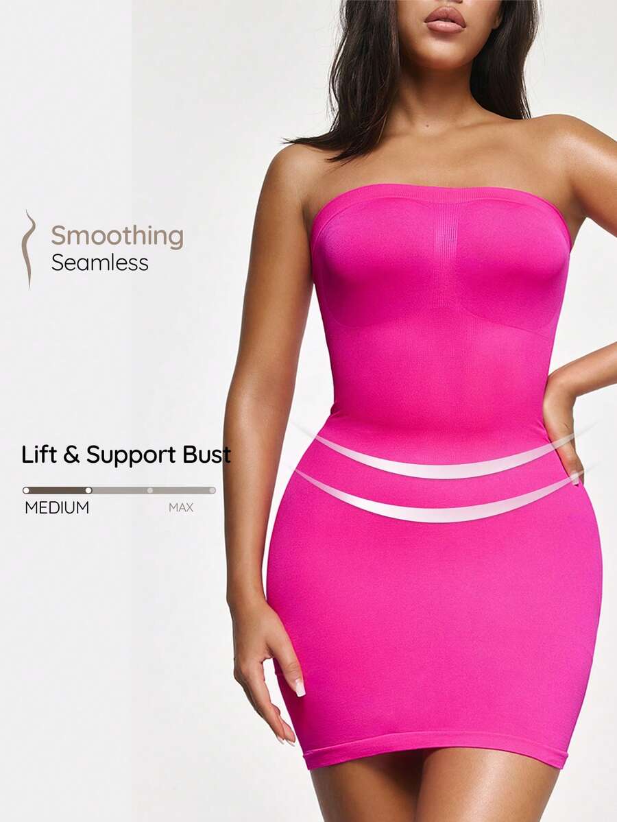 SHAPORA Women's Solid Color Casual Bandeau Bodycon Dress - Hot Pink - View 1
