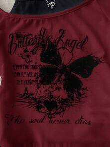 Teen Girls Casual Retro Print 2 In 1 Patchwork Short Sleeve T-Shirt - Burgundy - View 6