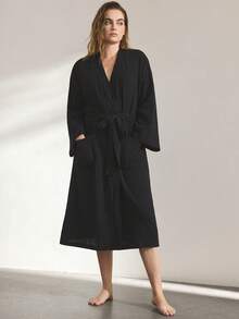 Ocili Leisure Soft Cotton Mesh Double-Layer Robe, Comfortable Sleepwear, Plus Size - Black - View 4