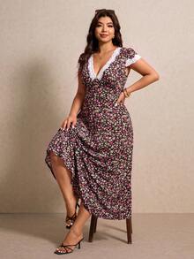 Elaquor Plus Size Summer Short Sleeve V-Neck Random Print Vacation Style Dress - Multicolor - View 4