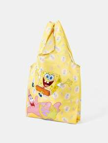 SpongeBob SquarePants | SHEIN Cartoon Printed Foldable Shopping Bag, Lightweight Waterproof Large Capacity Storage Bag, Suitable For Supermarket Purchases, Short Trips, Daily Commuting - Mustard Yellow - View 6