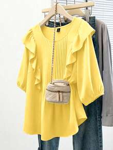 GlowEve CURVE Camisa de talla grande casual versátil de unicolor con ribete de volantes - amarillo ganso - Ver 5