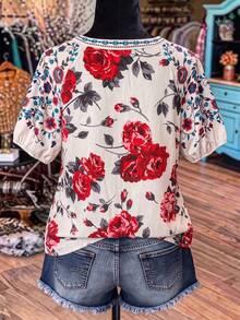 Linhara Plus Size Women's Summer New Vintage Floral Print Short Sleeve Shirt - White - View 2
