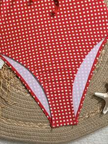Swim Mod Women's Red Plaid Random Print Drawstring Front One-Piece Swimsuit, Suitable For Summer Beach Vacation - Red - View 6