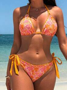 Swim Vcay 女款夏季海灘全身印花掛脖綁帶性感比基尼三角泳褲兩件式泳衣套裝 - 橘色 - 查看 4