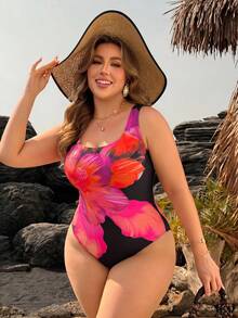 Swim Lushoire 2026 New Summer Beach Vacation Casual Plus Size Women's Elegant Printed Round Neck One-Piece Swimsuit, High Neck Design, Suitable For Summer Beach Vacation - Red - View 3