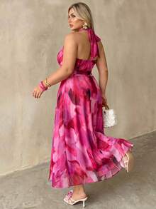Auralis Plus Size Spring/Summer Sleeveless Mock Neck Brush Art Pastel Pink Print Mesh Ruched Multi-Layer Hem Backless Midi Dress For Women 70's Evening - Hot Pink - View 6