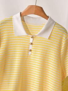 CosyJoli 大尺碼女款休閒條紋 Polo 領短袖通勤 T 恤，淡黃色 - 鵝黃色 - 查看 5