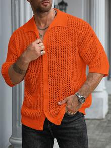 Manfinity Homme Men's Plus Size Solid Color Short Sleeve Single Breasted Casual Knit Cardigan Vacation Orange Red Summer Vacation Vacation - Orange - View 1