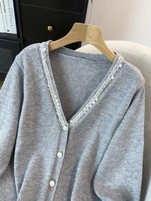 GlowEve CURVE Plus Size Elegant V-Neck Beaded Button Long Sleeve Cardigan - Grey - View 4