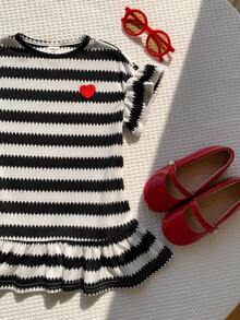 SHEIN Baby Girl Spring Summer Cute Knitted Striped Heart Pattern Short Sleeve Dress - Black and White - View 6