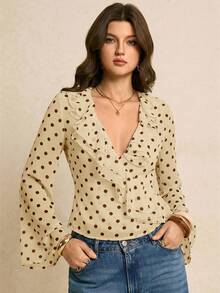 Poéselle Women's Polka Dot Pattern Patchwork Ruffle Long Sleeve Blouse - Light Yellow - View 6