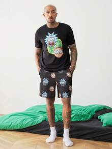 Rick and Morty X SHEIN Conjunto de Roupa de Descanso Masculino com Camiseta de Manga Curta Gola Redonda Estampa de Anime Cartoon e Shorts com Bolso - Preto - Visão 7