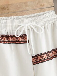 HIMLAND Men's Cream Wide-Leg Pants With Colorful Geometric Woven Stripe Bands. Elastic Drawstring Waist In Lightweight Linen-Blend. Relaxed Resort Style For B - Khaki - View 3