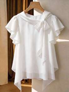Franclia Casual Solid Color Ruffle Sleeve Short Sleeve Bow Decor Asymmetrical Hem Shirt - White - View 1