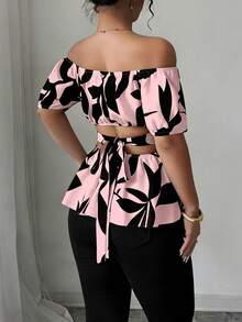 Elenzga Plus Size Vintage Casual Asymmetrical Black Print Off-Shoulder Waist Cutout Women's Top - Red - View 2