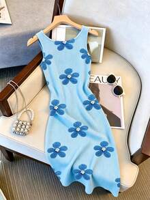 SHEIN Blumen- & Perlen-Muster, Rundhals Digitaldruck Perlen Casual Kleid, bequem für den Urlaub, Sommerkleid - Verschiedenfarbig - Übersicht 2
