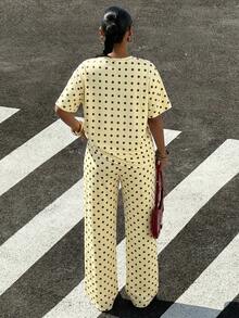Muchica Women's Casual Black Polka Dot Pattern Loose T-Shirt And Long Pants Set, Suitable For Outings, Street Style, Y2K Style Clothing, Suitable For Spring And Summer, Wide Leg Pants Set - Light Yellow - View 2