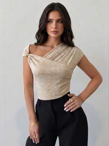 Firerie Spring/Summer Elegant Asymmetric Shoulder Cross Wrap Metal Trim Decor Cinched Waist Pleated Floral Beige Slim Fit Bodycon T-Shirt Bodysuit Brunch - Khaki - View 5