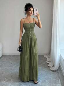 Elenzga Jumpsuit Wanita Warna Polos, Berlipit, Bahan Denim Imitasi, Kancing, Tanpa Lengan, dengan Hem Berumbai - Hijau Tentara - View 3