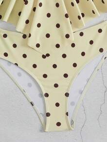 Swim Vcay 女款度假前交叉百褶波點印花細肩帶上衣與三角泳褲比基尼套裝，隨機印花 - 淡黃色 - 查看 3