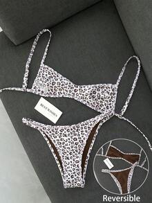 Swim Vcay 女款夏季海灘簡約優雅浪漫休閒度假性感甜美可愛時尚外套比基尼套裝 百搭萬能豹紋雙面印花可翻面多種穿搭選擇 抹胸微比基尼 適用於海灘、度假村、水療、音樂節、蜜月及休閒度假場合 - 彩色 - 查看 2