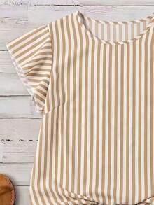 SHEIN 夏季條紋寬鬆休閒時尚大尺碼女款襯衫 - 駝色 - 查看 3