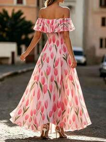 RosyDaze Summer, Elegant Party Dress, Wedding Guest Dress, Graduation Dress, Pink Dress, Women's Floral Dress, Outwear, Lace Edge Off-The-Shoulder Long Dress - Pink - View 3