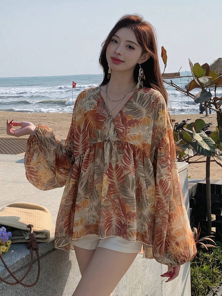 DAZY 女款度假休閒夏季全身碎花寬鬆長袖圓領襯衫 - 彩色 - 查看 1